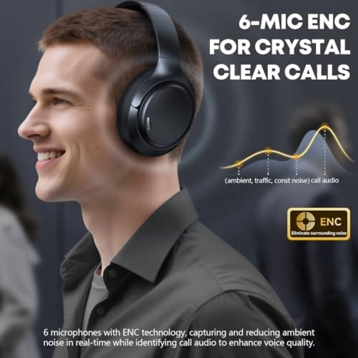 Black over-ear headphones on a wearer’s ear with side control panel and microphone opening