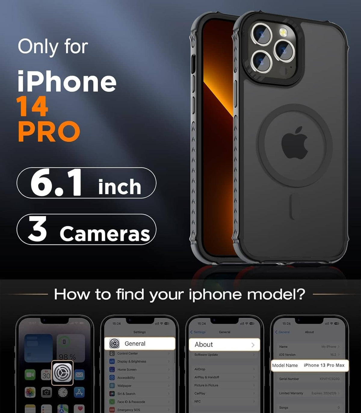 Black rugged case for iPhone with MagSafe ring and raised edges around camera