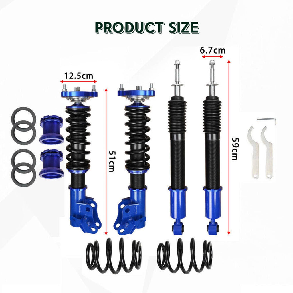 Four-piece adjustable coilover strut set with blue housings and black coil springs