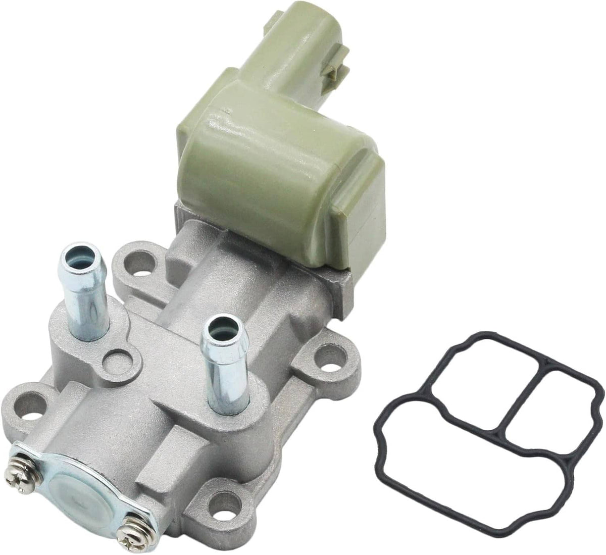 Idle air control valve with metal body, light beige plastic housing, and mounting ports