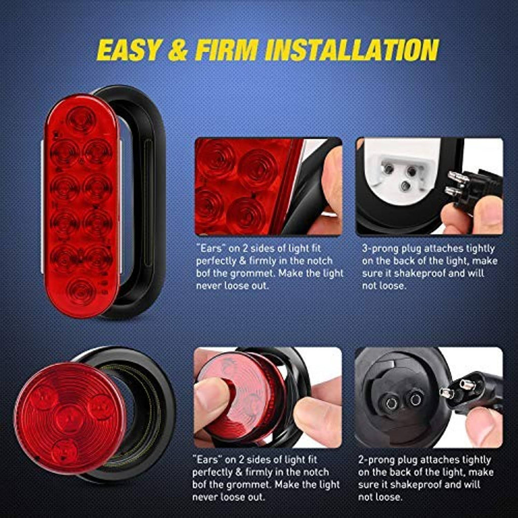 Red oval and round red marker trailer lights with black housings, installation parts shown
