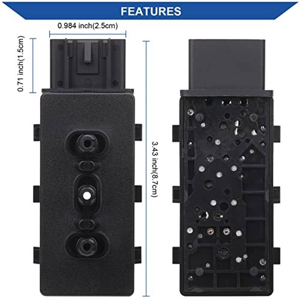 Black seat adjustment switch with three circular openings and rear connector side