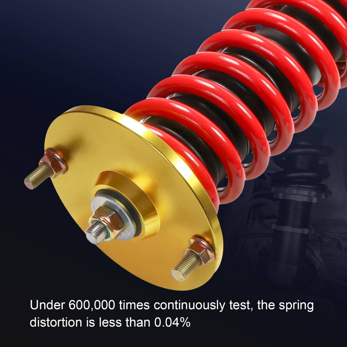 Close-up of coilover strut top with gold mount plate, red spring coils, mounting bolts