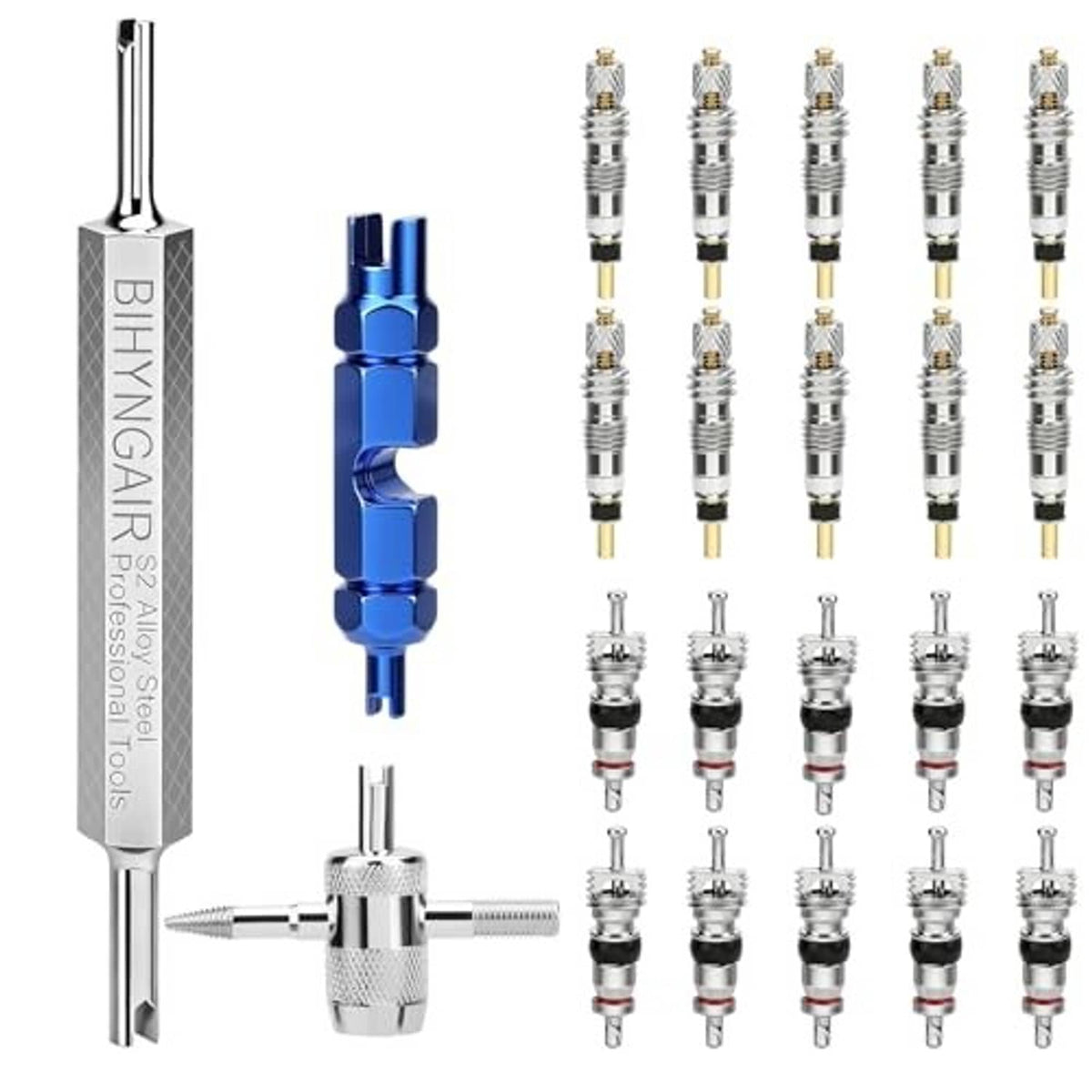 Presta and Schrader valve core kit with blue remover tool and multiple replacement valve cores