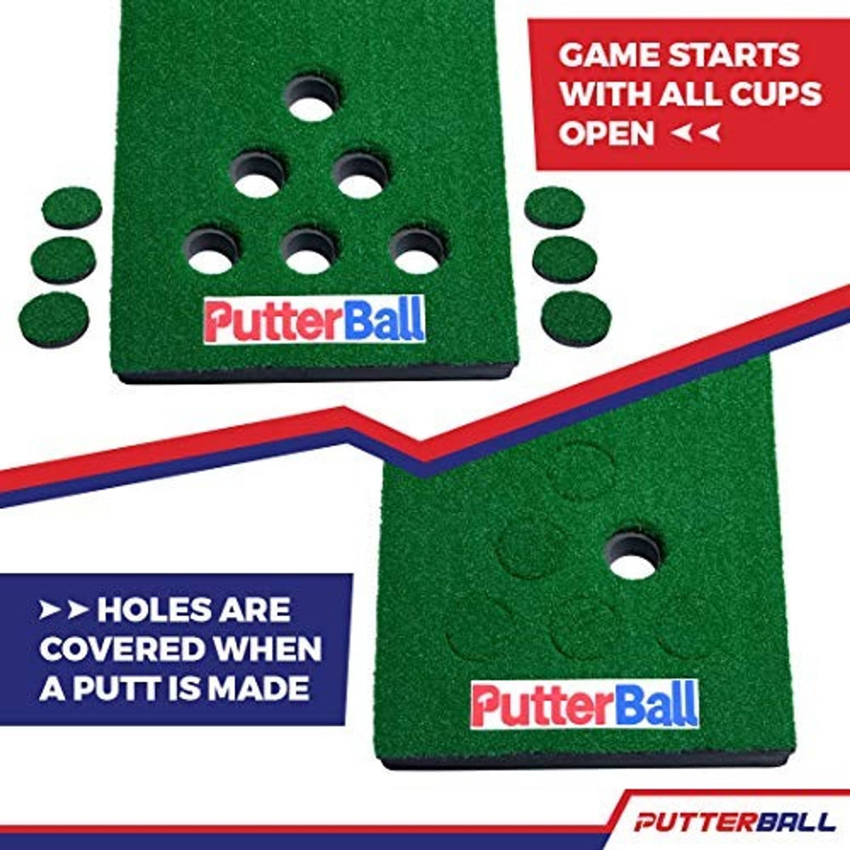 Green turf putting mat close-up with PutterBall logo and multiple covered hole cups.