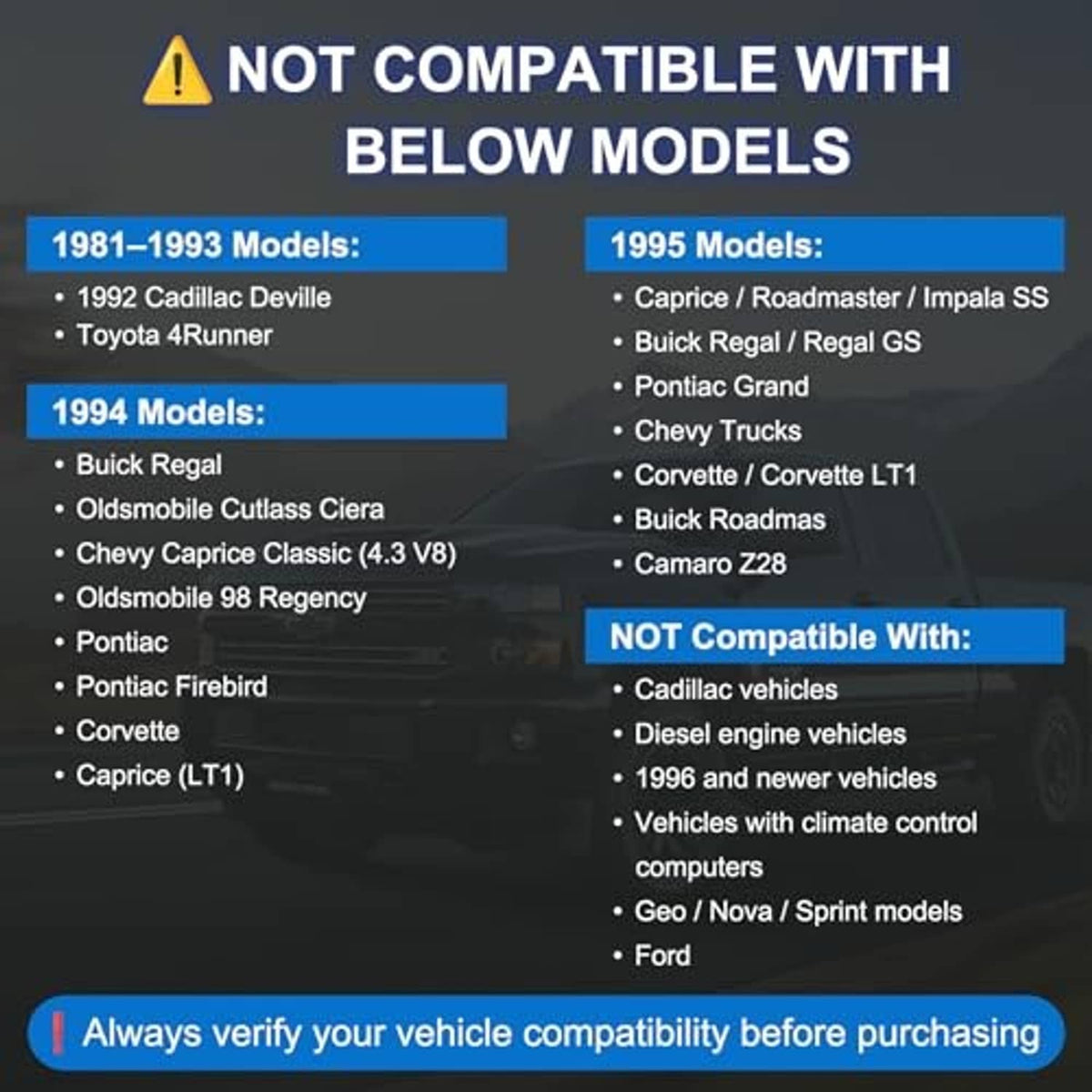 OBD1 code reader device shown with on-screen compatibility warning list