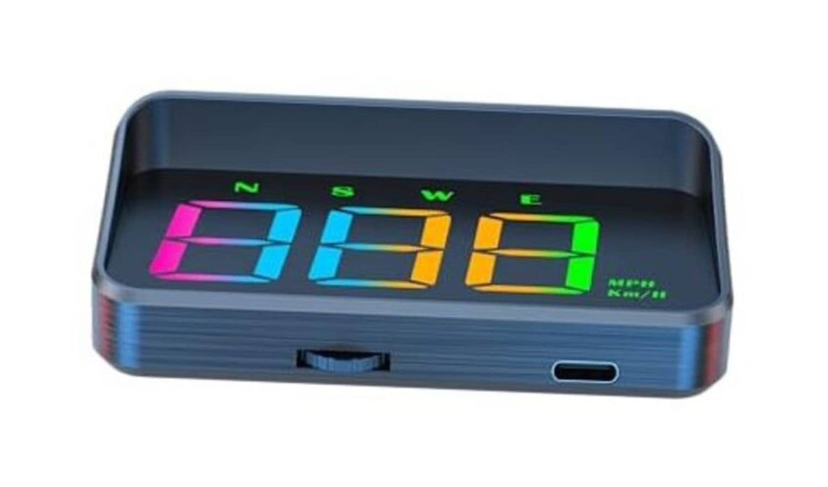 Dark blue HUD projection display showing multicolor speed digits on front