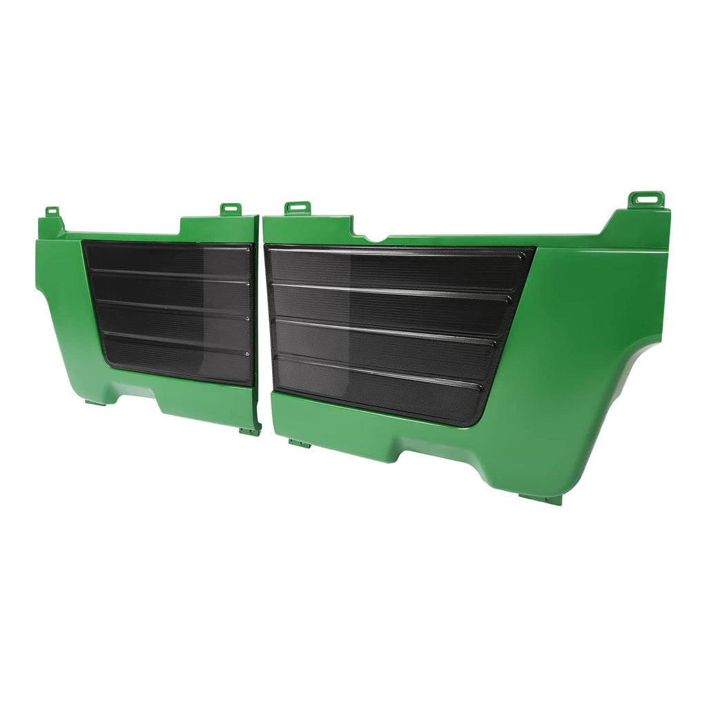 Green side panel screen grille set with two black louvered inserts, side view
