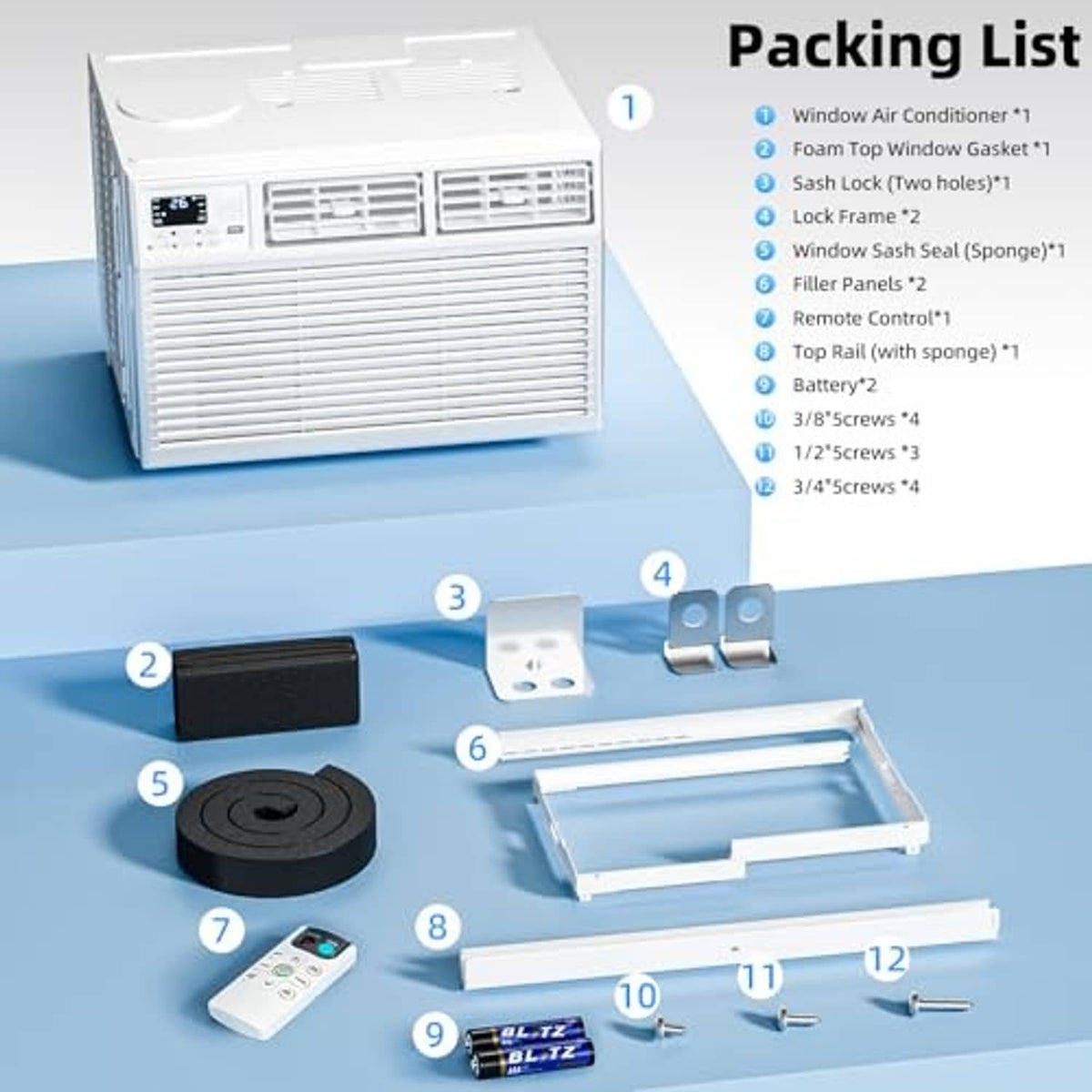 White window air conditioner with included accessories and packing list components laid out.