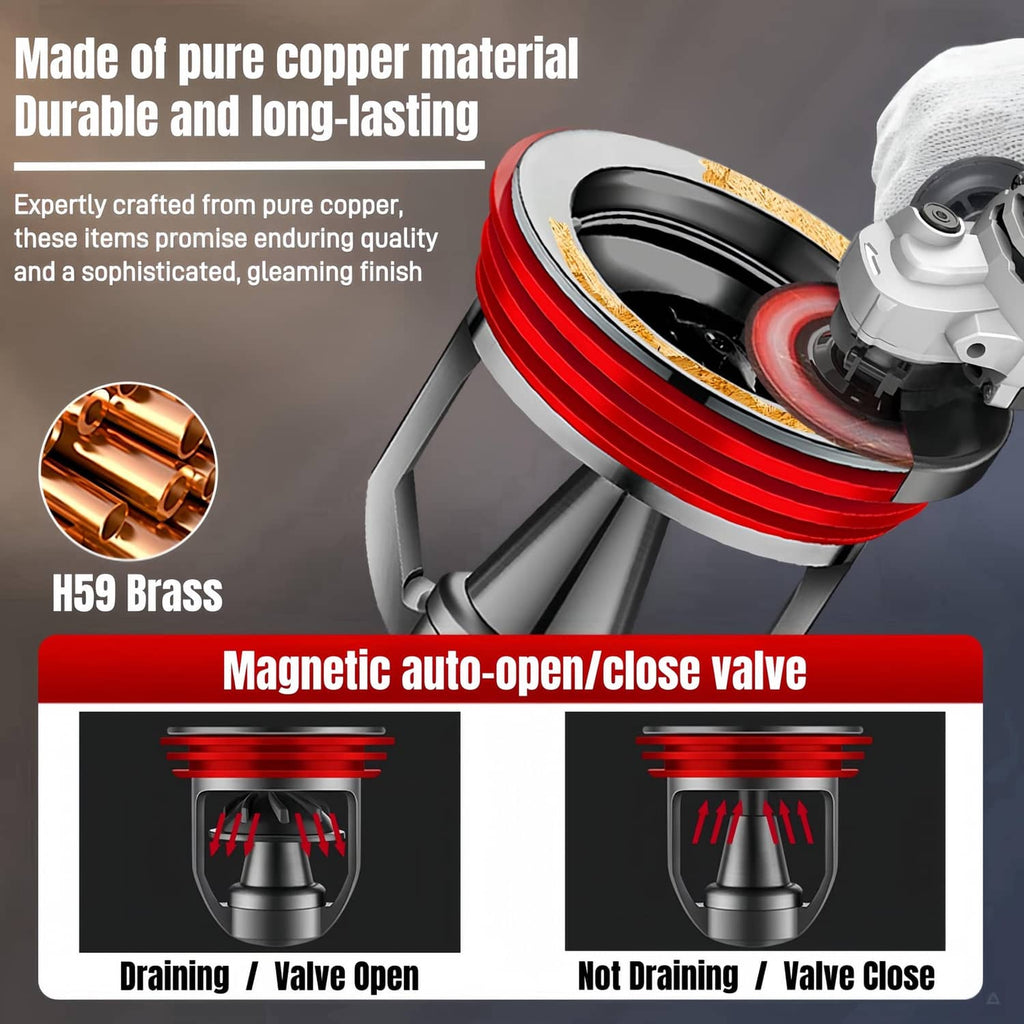 Copper and black shower drain backflow preventer with red sealing ring and valve