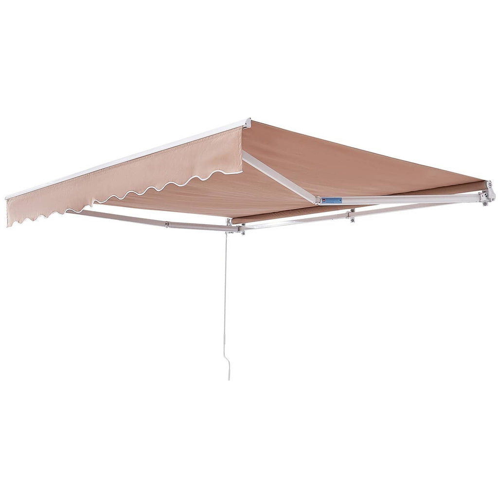 Retractable patio awning with tan canopy, scalloped valance, and hanging pull cord.