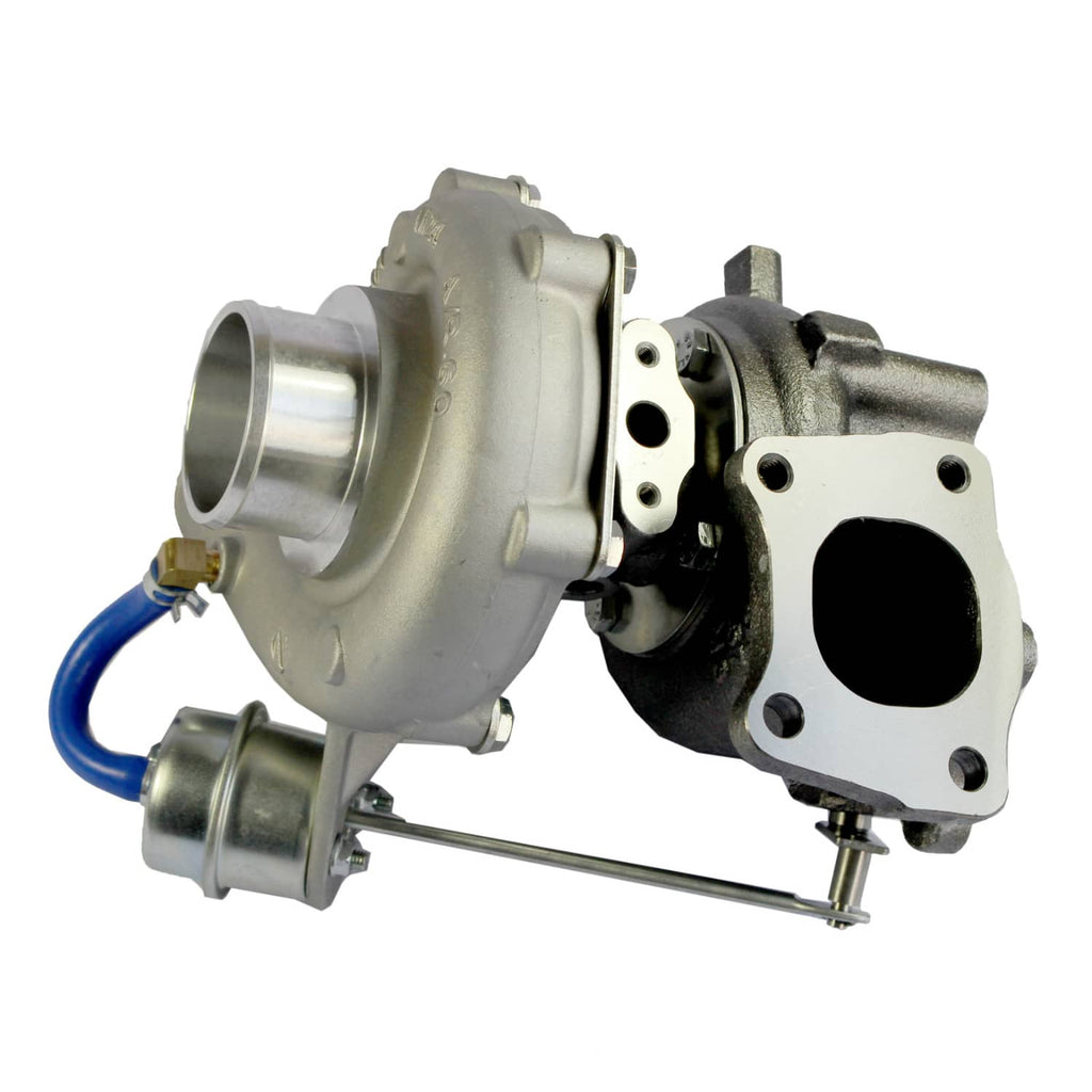 Turbocharger with blue hose, turbine housing, and circular inlet/outlet connections