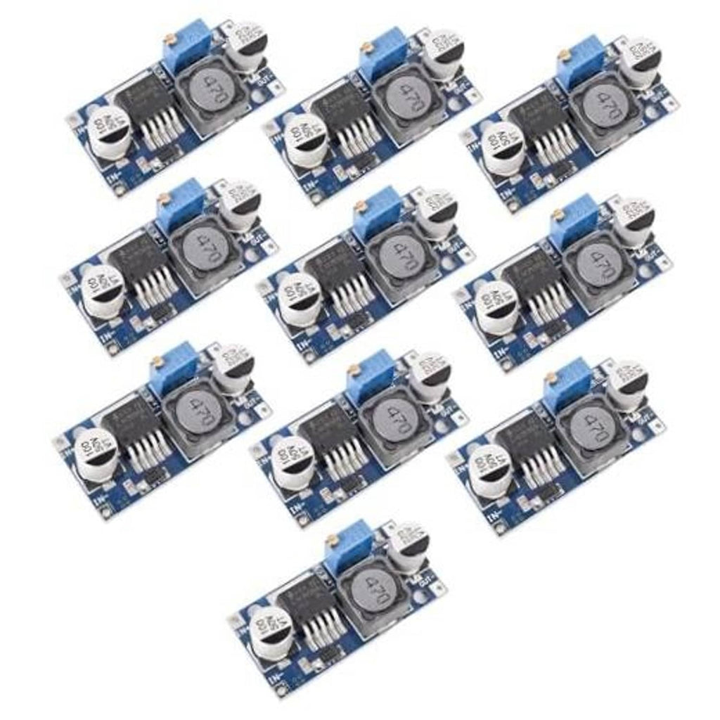 10-pack adjustable step-down regulator modules, blue PCB with capacitors and regulator IC