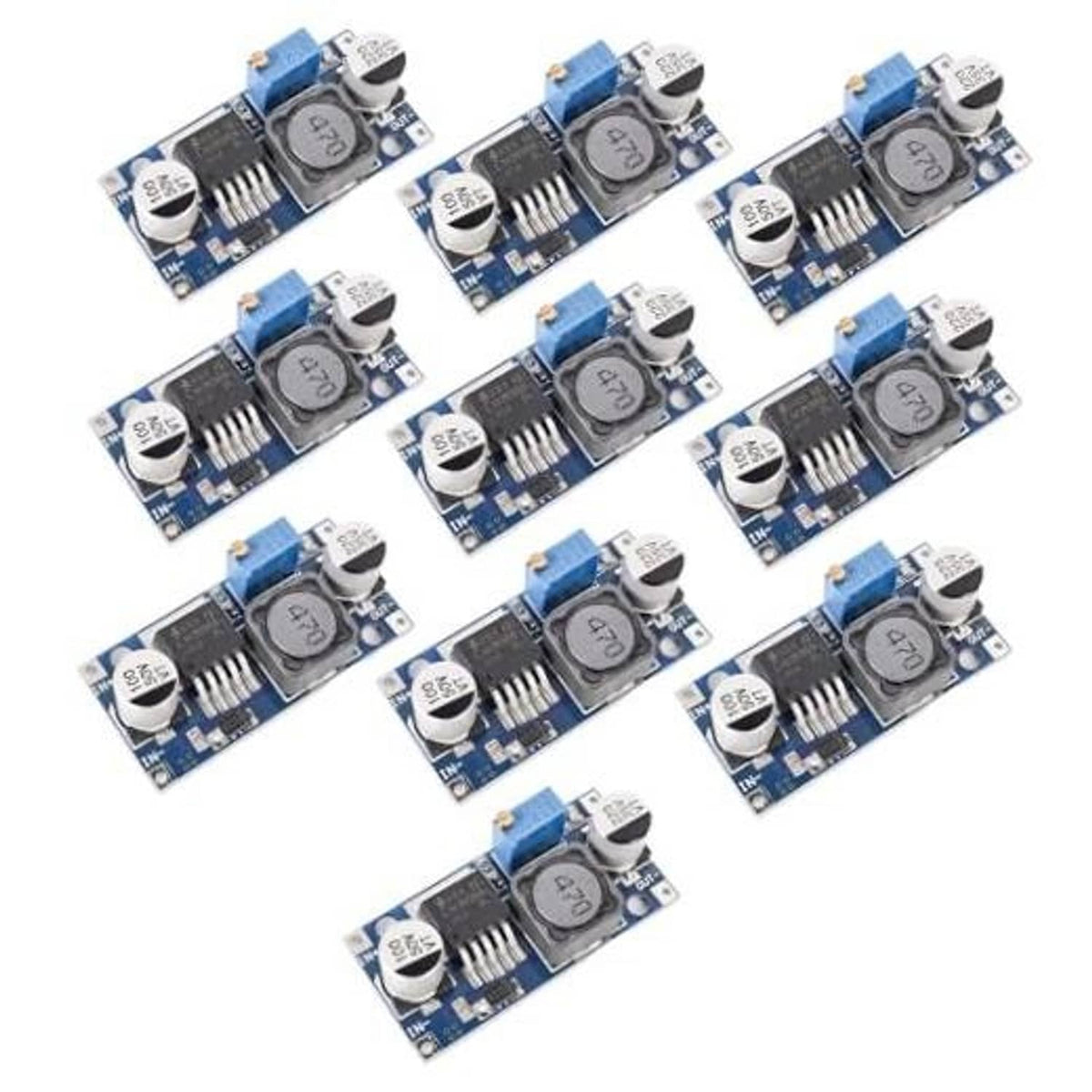10-pack adjustable step-down regulator modules, blue PCB with capacitors and regulator IC