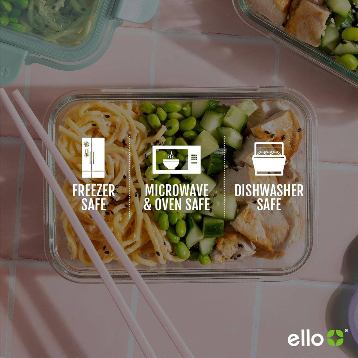 Glass meal prep container with green lid and freezer-, microwave-, and dishwasher-safe icons