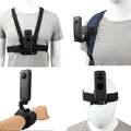 Action camera chest mount harness with adjustable straps and vertical camera holder