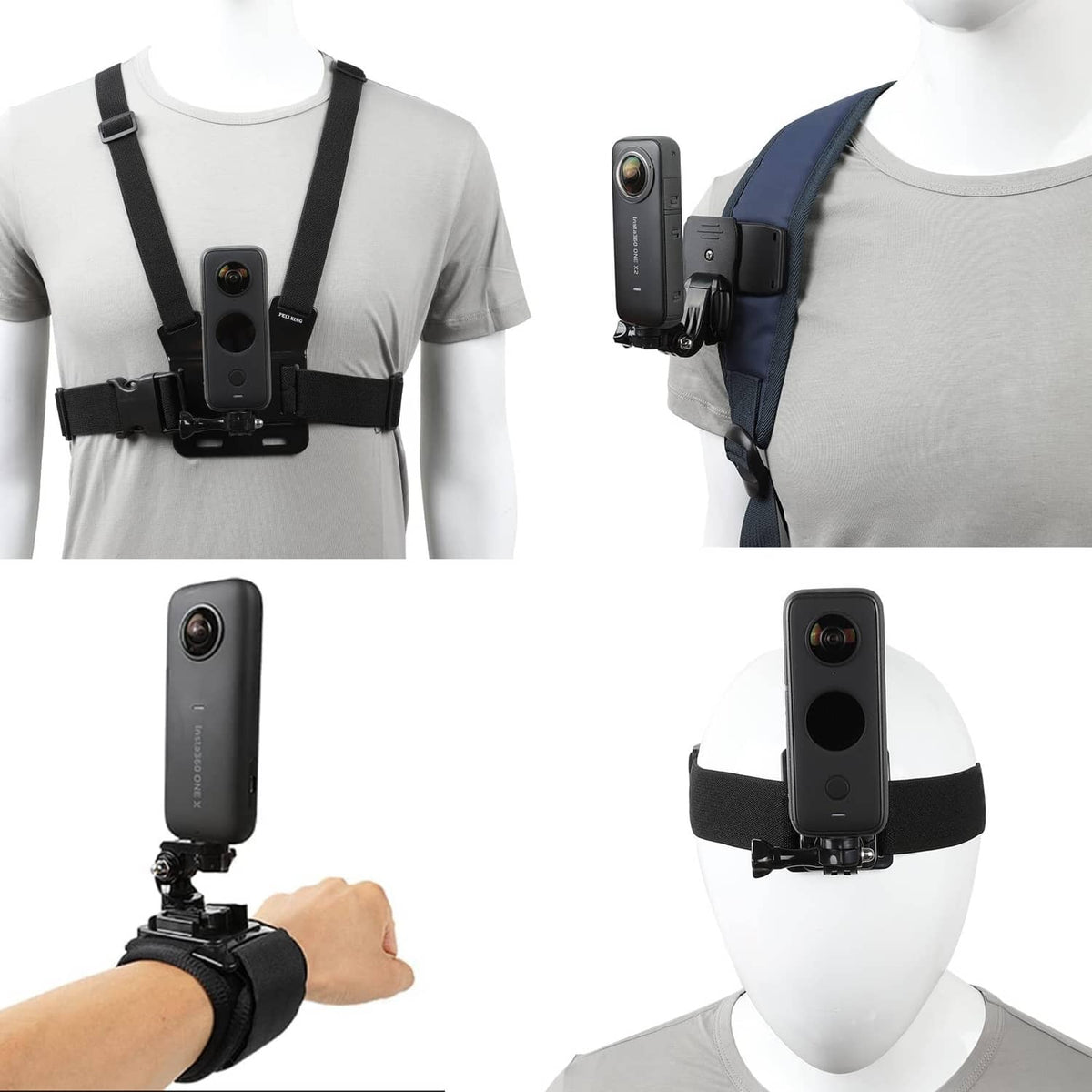 Action camera chest mount harness with adjustable straps and vertical camera holder