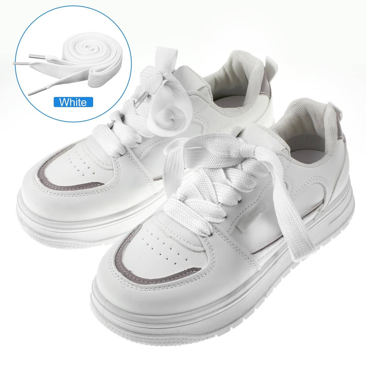 White sneaker with tied laces and plastic aglets