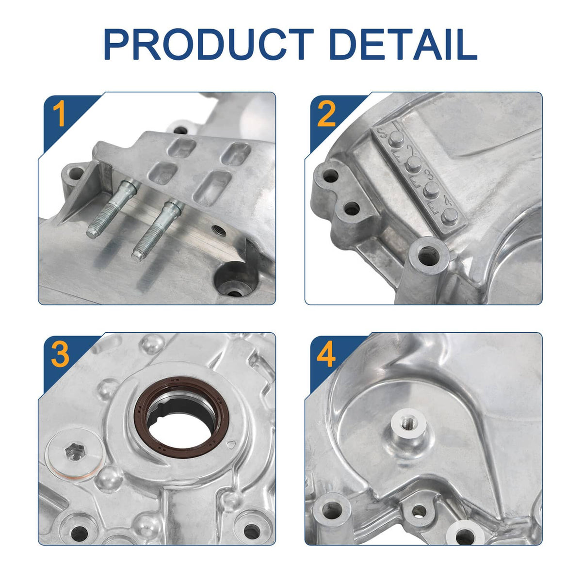 Timing chain cover detail views showing machined aluminum surfaces and seal opening