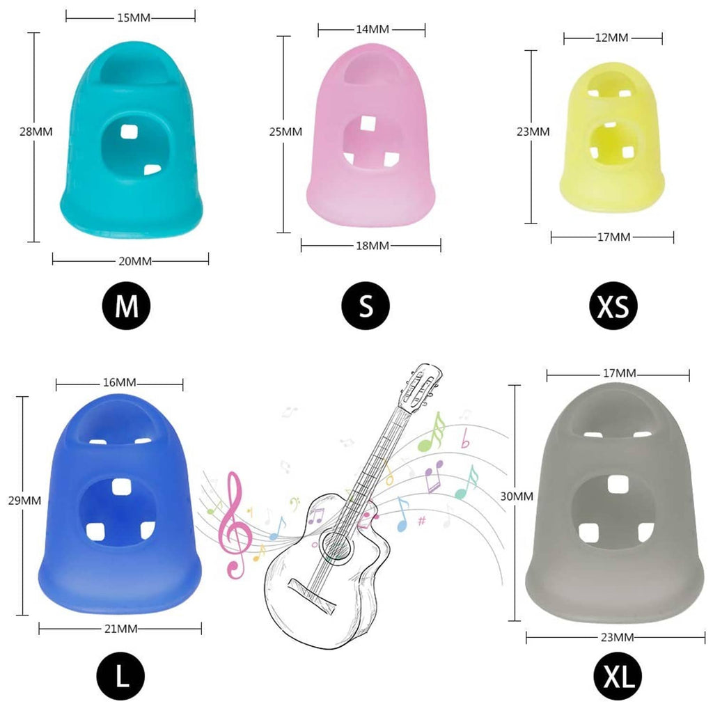 Silicone guitar finger guards with size guide: M, S, XS, L, XL measurements