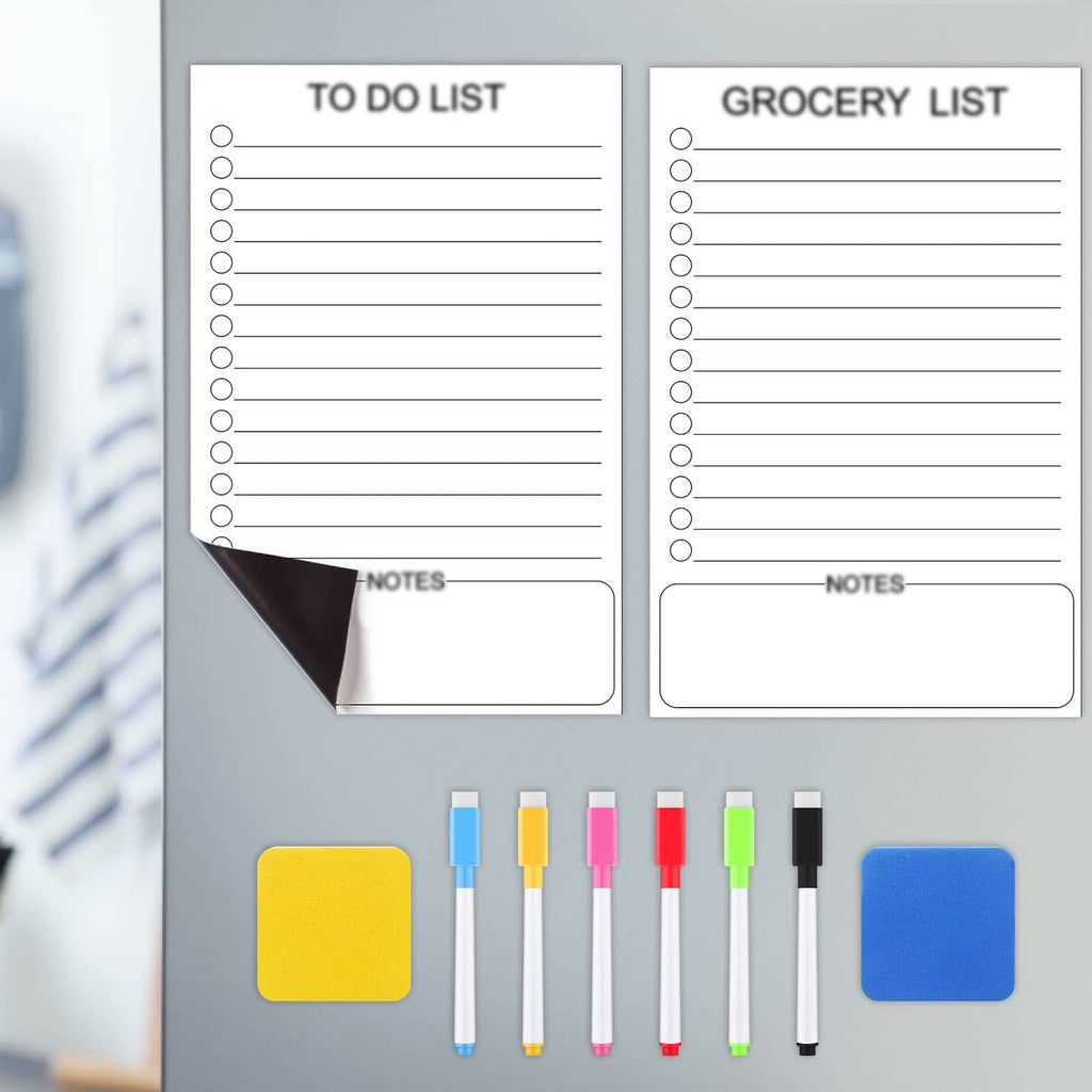 Magnetic dry-erase fridge list boards set, two pads with “To do” and “Grocery”