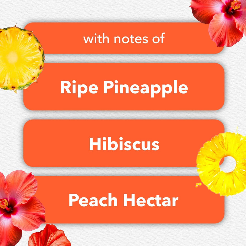 Scent notes graphic: ripe pineapple, hibiscus, and peach nectar