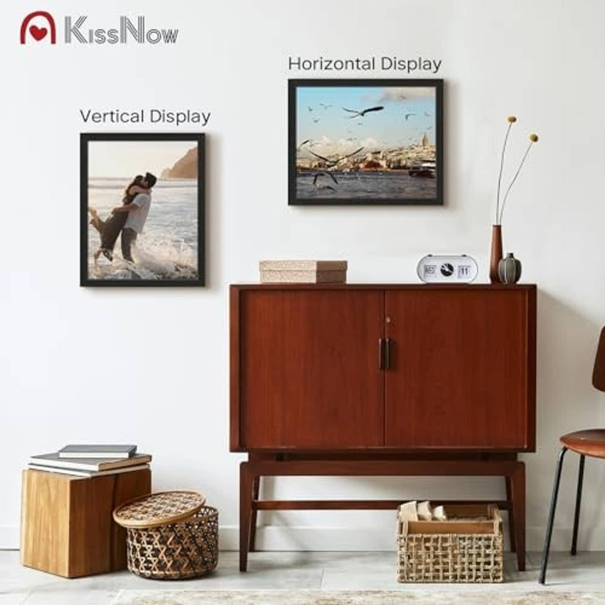 Two black picture frames for vertical and horizontal display on wall