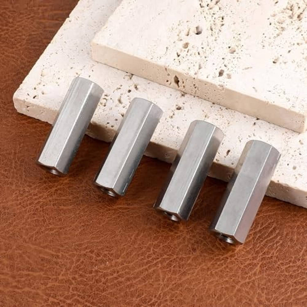 Hex coupling nuts, silver metal cylinders with internal threading, M8 size