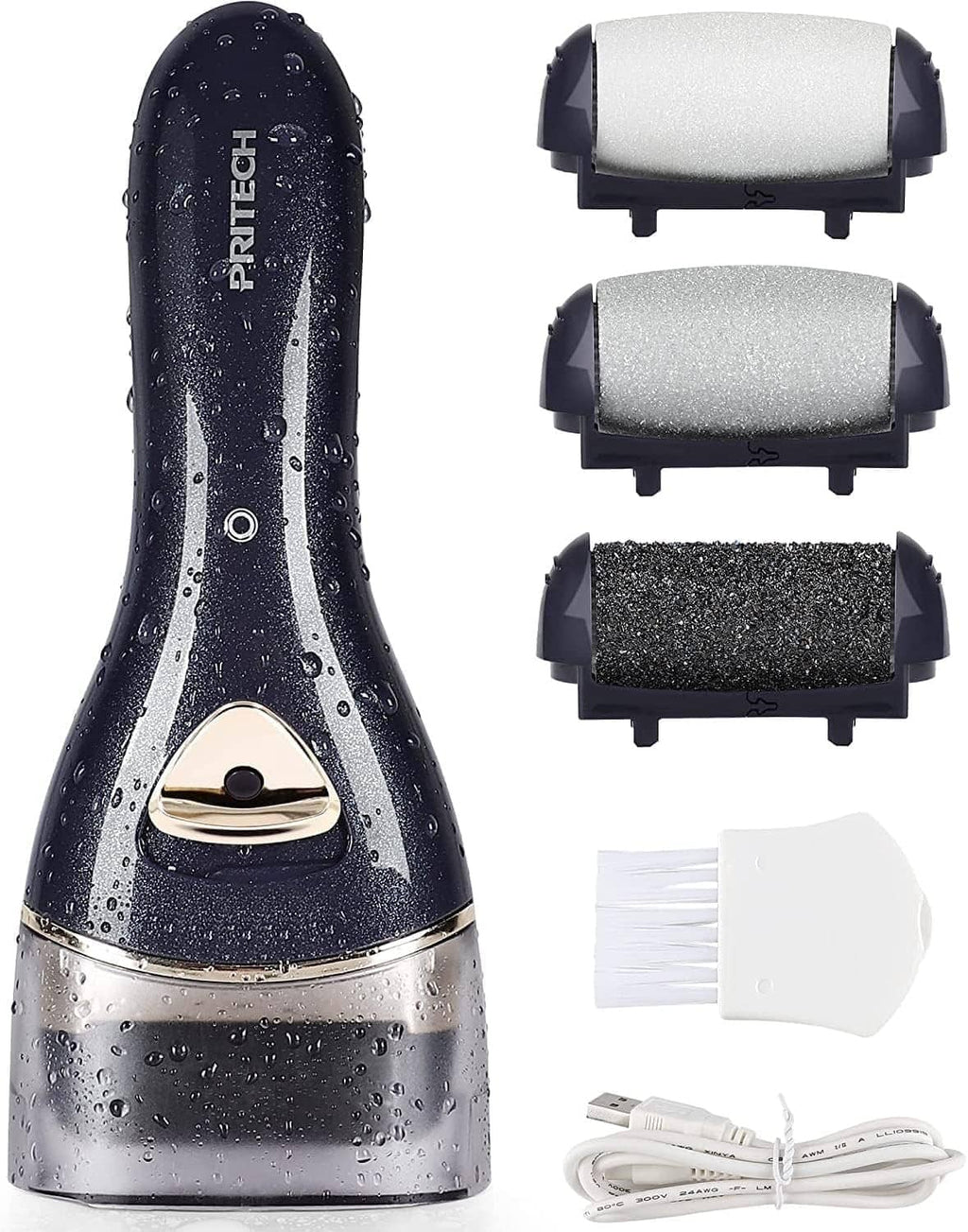 Rechargeable foot callus remover with dark roller head and cleaning brush