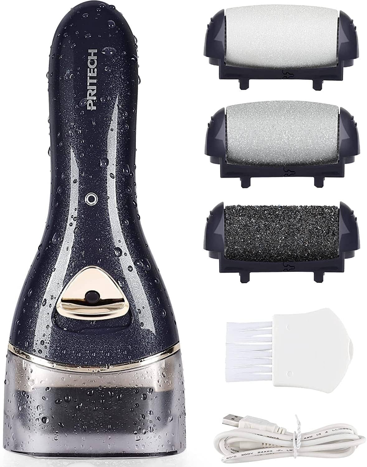 Rechargeable foot callus remover with dark roller head and cleaning brush