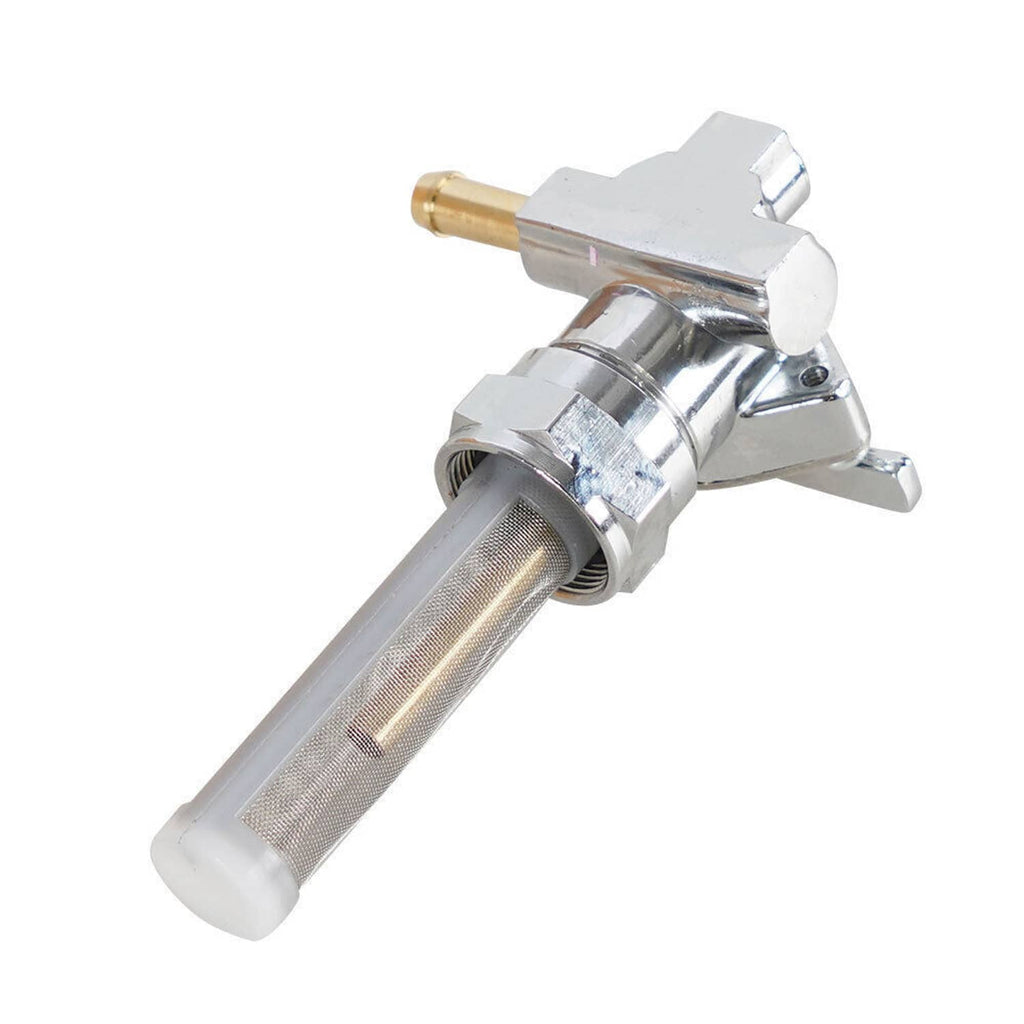 22mm fuel petcock with mesh filter sleeve and angled lever control, chrome metal