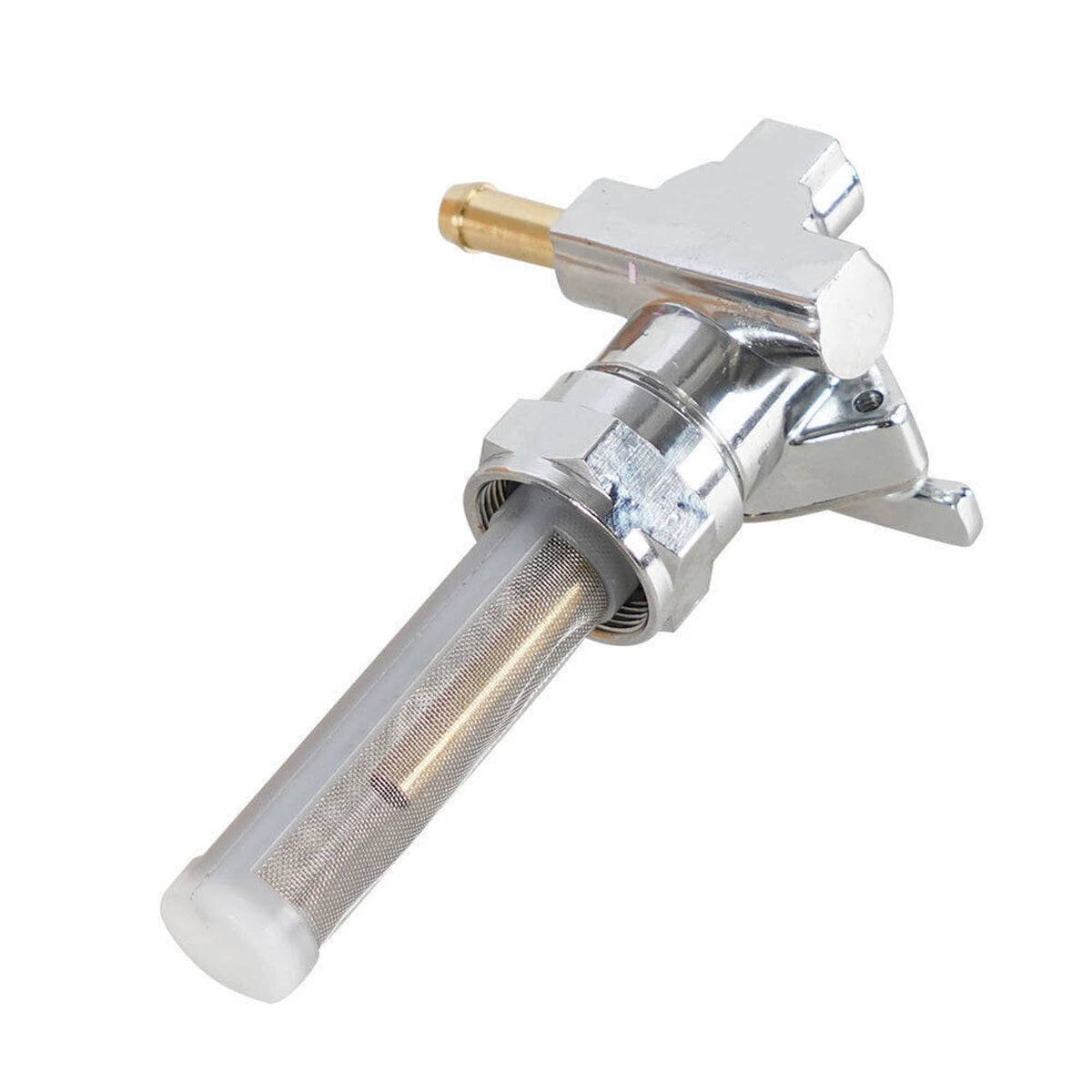22mm fuel petcock with mesh filter sleeve and angled lever control, chrome metal