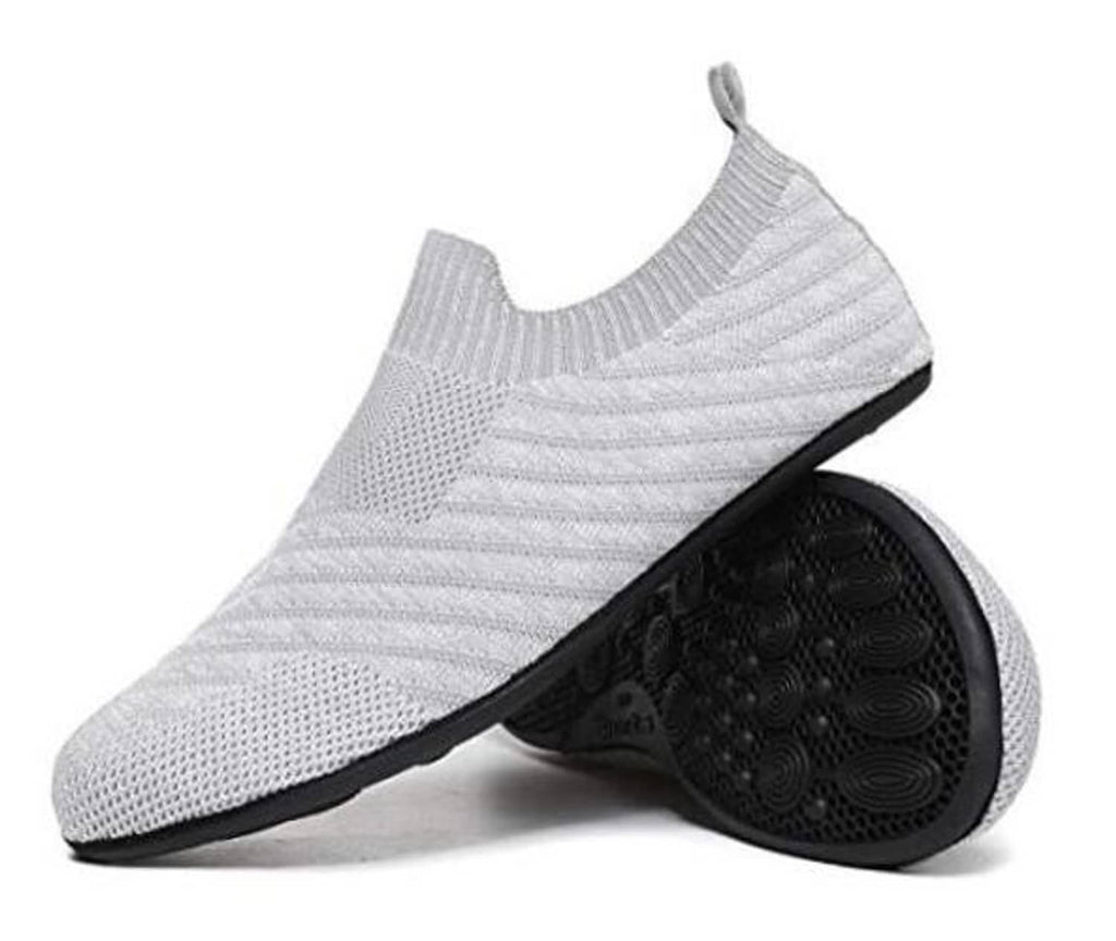 Light gray knit slip-on house shoe with black non-slip sole
