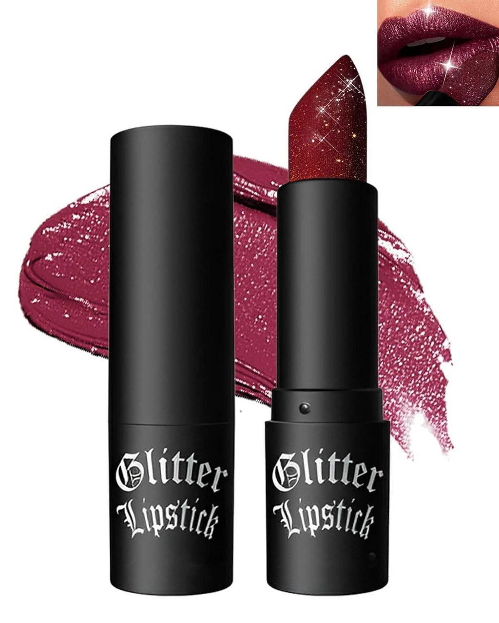 Wine-red glitter lipstick and lip gloss in black tubes, with swatches and lip close-up