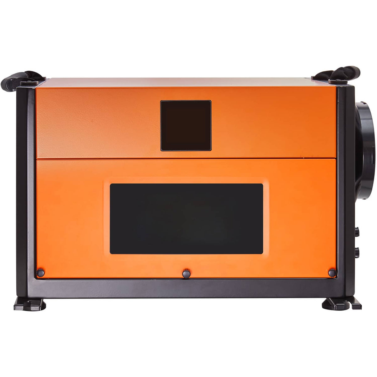 Commercial dehumidifier side view with orange body, front access windows, and top handles.