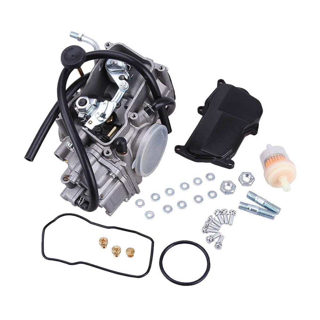 Carburetor with black air horn and included screws, gaskets, and fuel filter