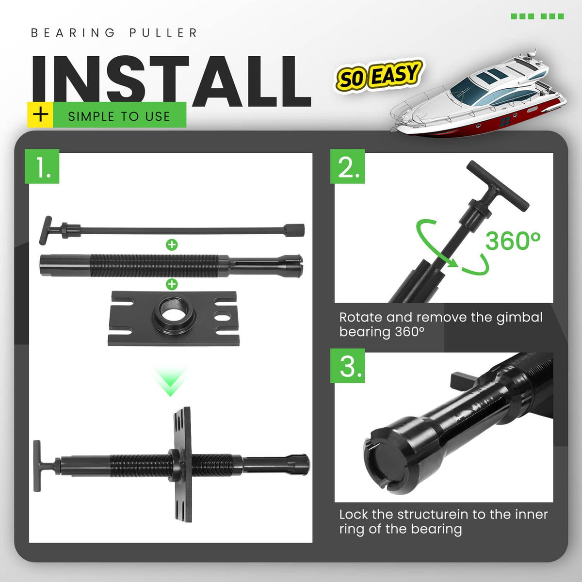 Bearing puller installation guide graphic with handle, threaded rod, and base plate