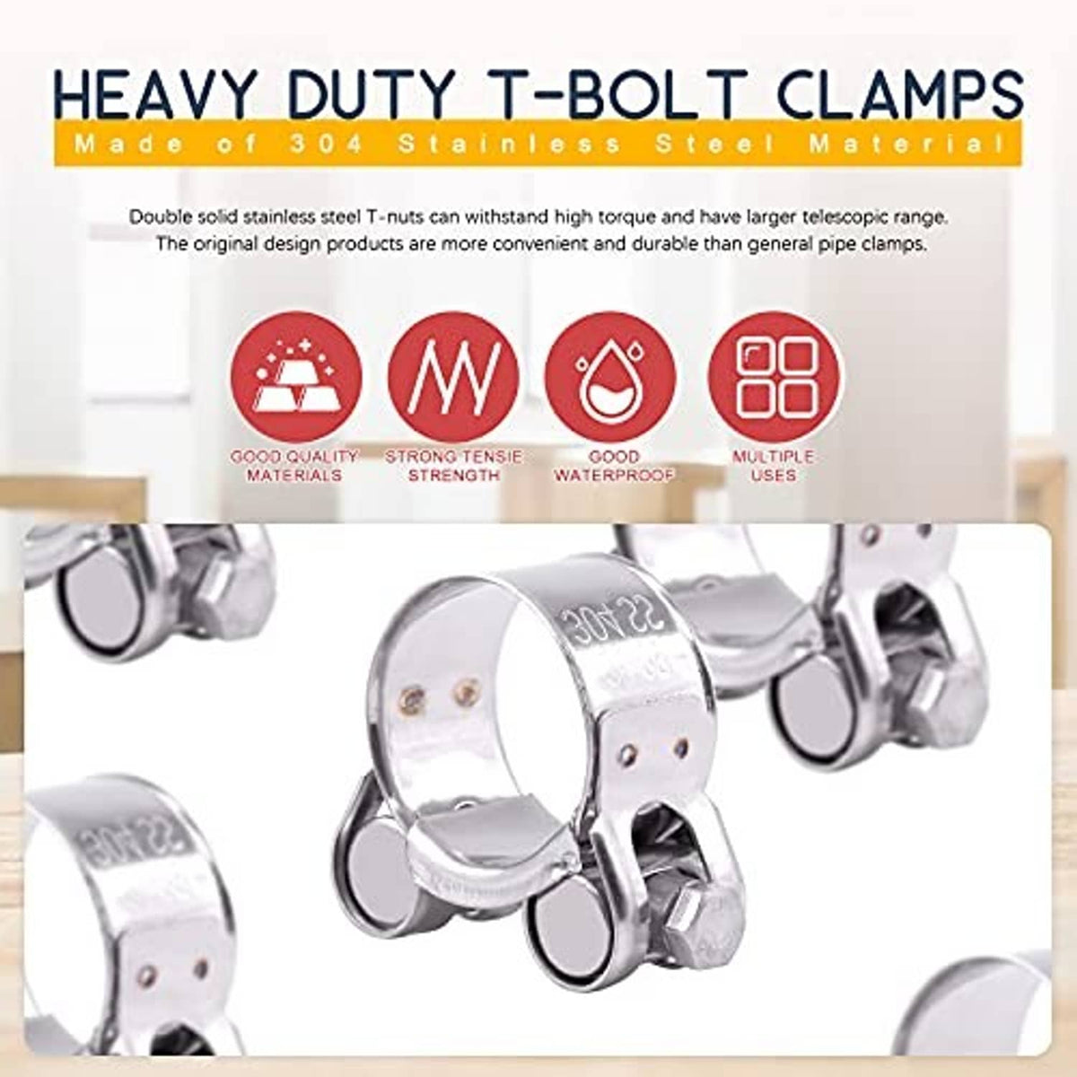Heavy duty stainless steel T-bolt hose clamp with hinged band and bolt assembly