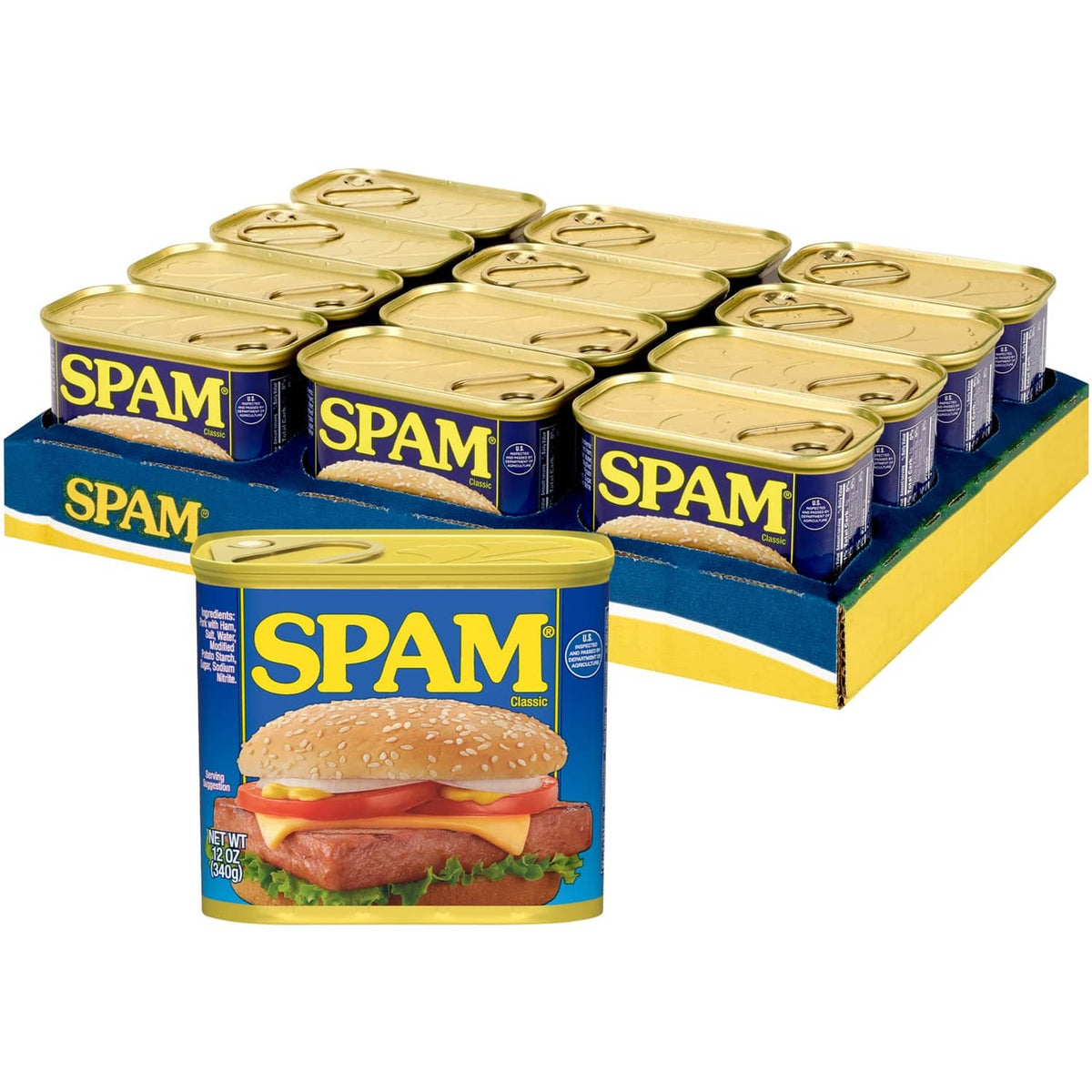 SPAM Classic canned meat multipack, blue labels on 12 oz cans in a box