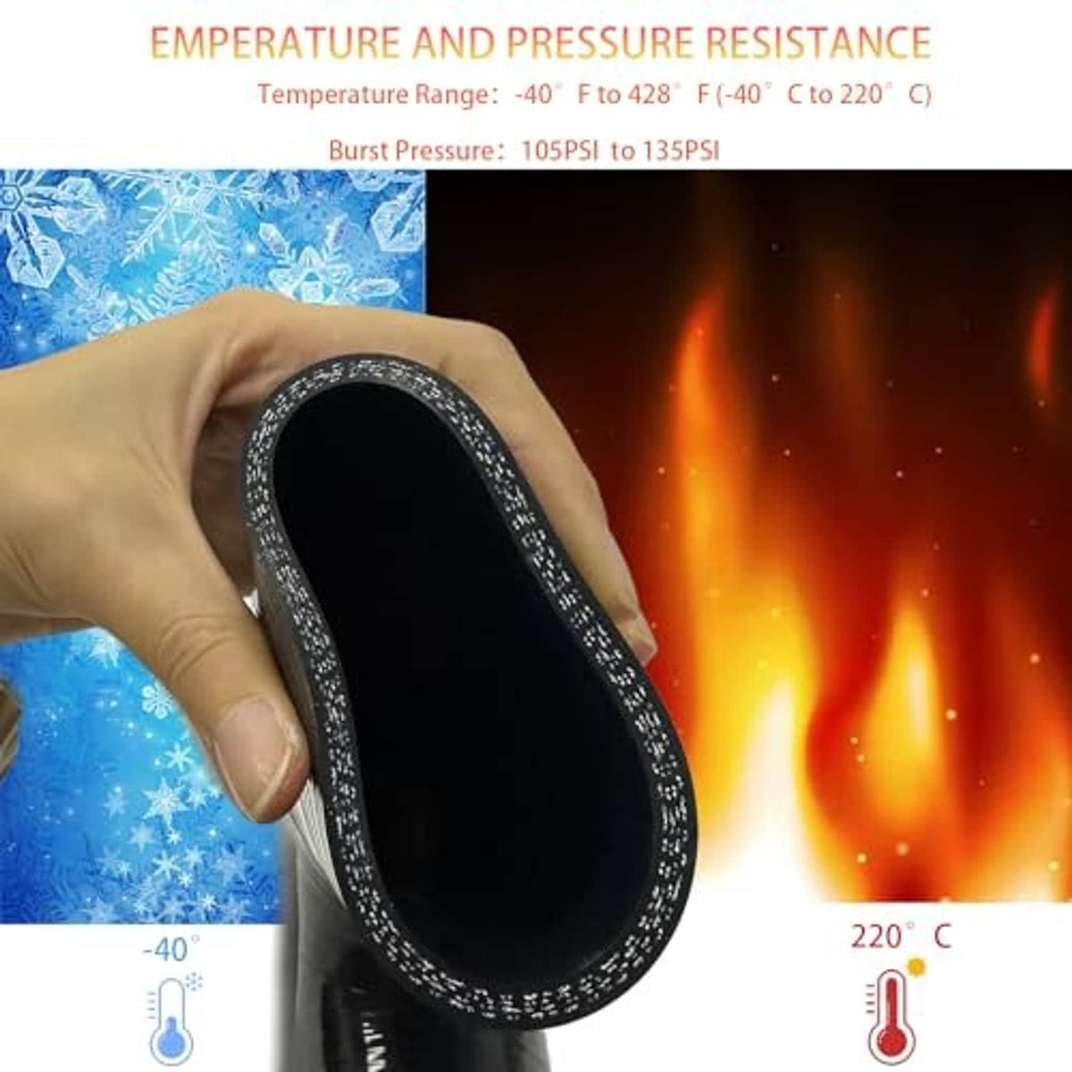 Black 90° silicone hose elbow held in hand, showing smooth inner bore