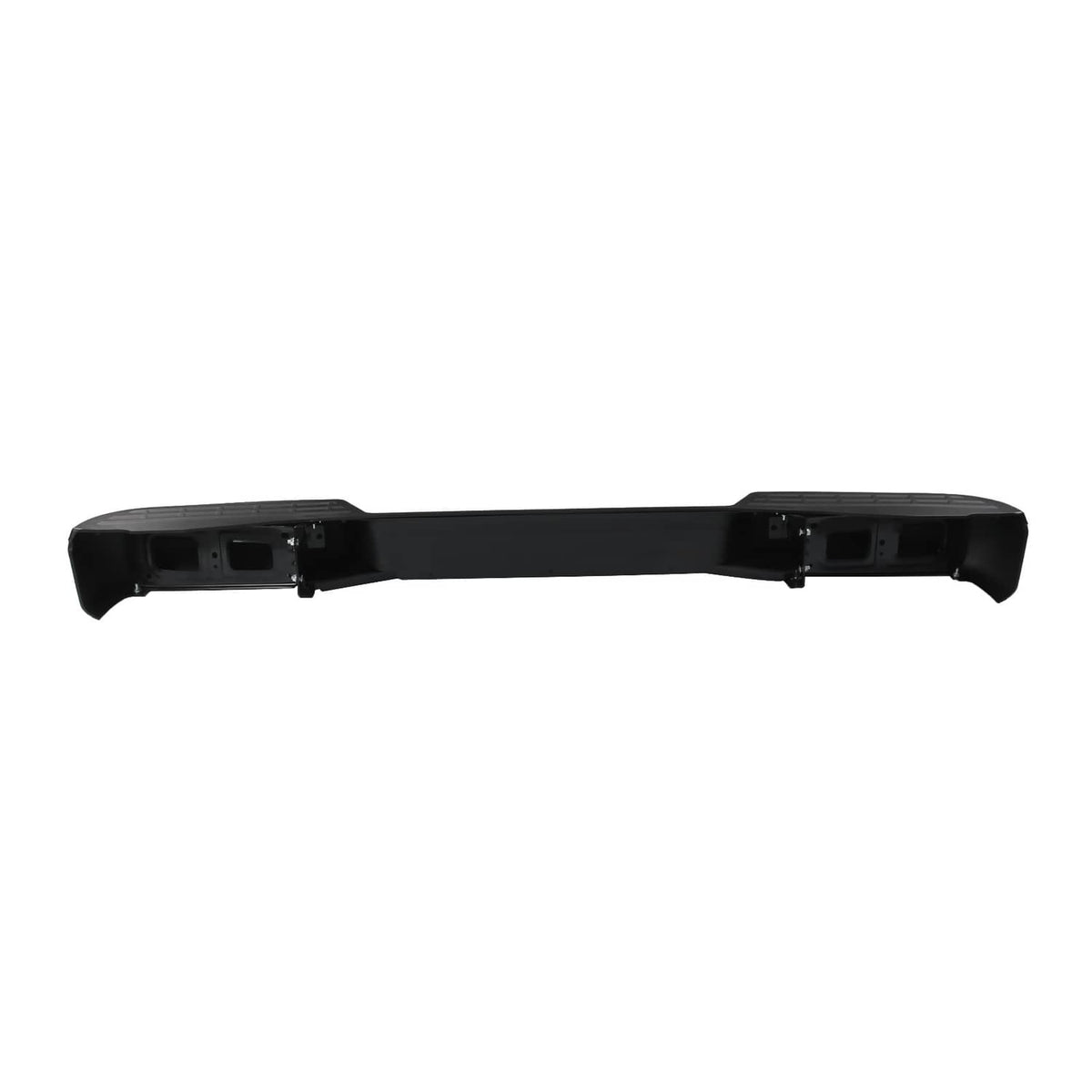 Black rear step bumper assembly with underside mounting points and brackets