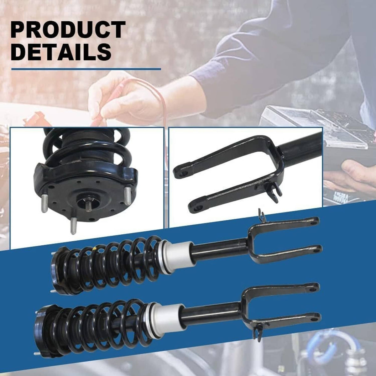 Shock strut assembly product details: black springs, silver sleeves, and fork hardware