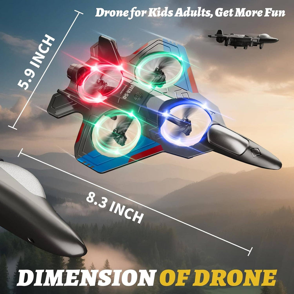 RC remote-control airplane with three glowing LED rings and sleek gray foam body