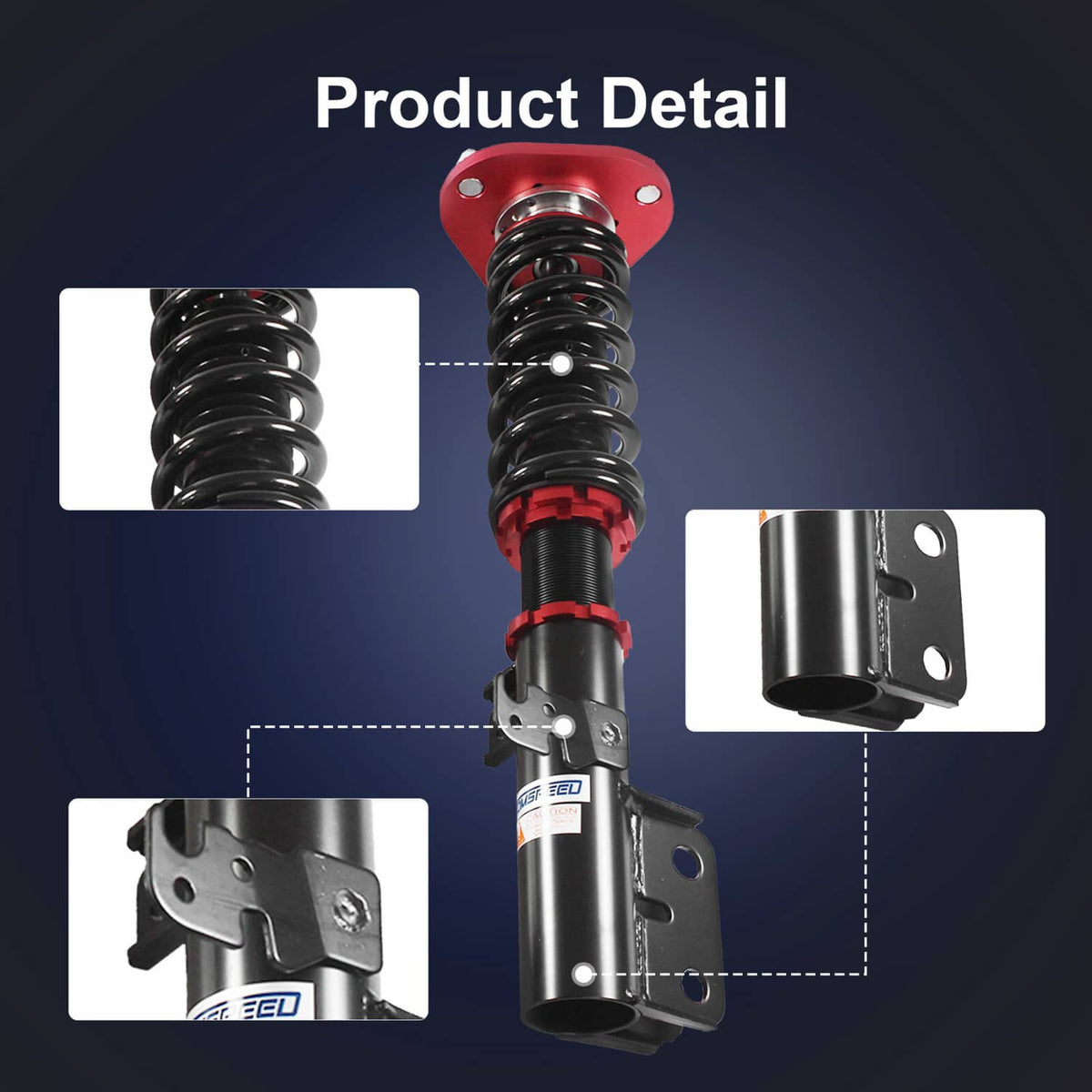Red and black coilover strut detail with spring, upper mount plate, and shock body