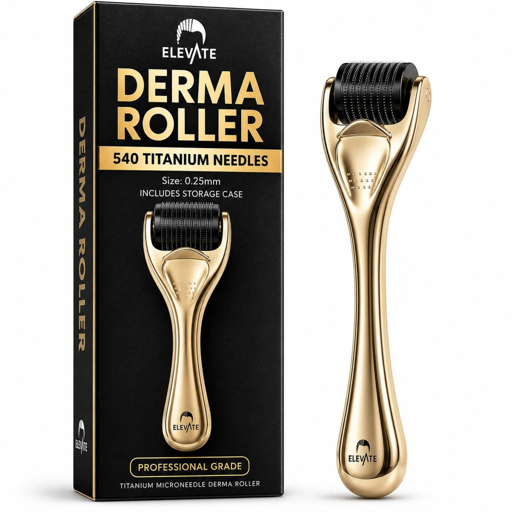 Gold 540 titanium needle derma roller beside black storage box
