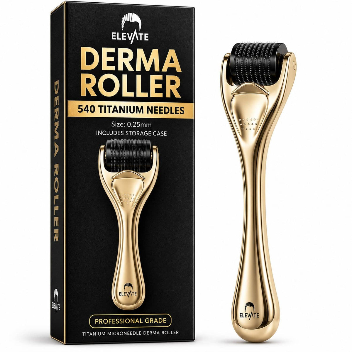Gold 540 titanium needle derma roller beside black storage box