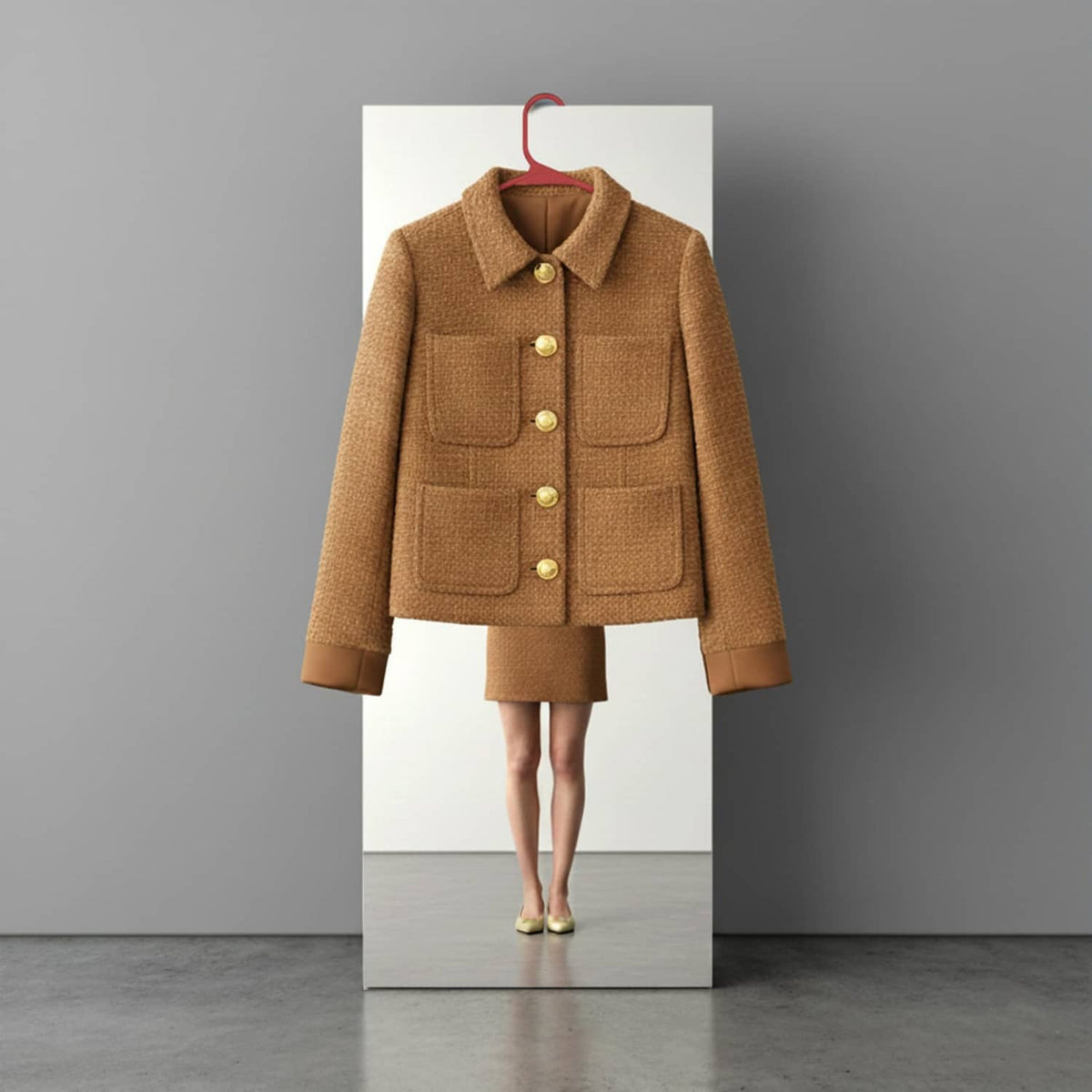 Red plastic clothes hanger displaying a brown jacket.