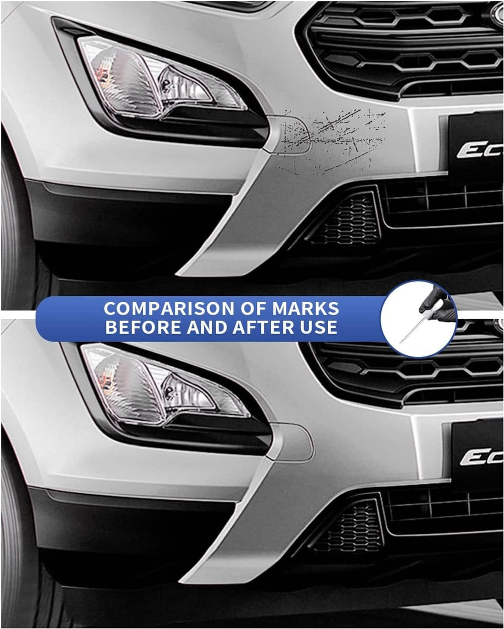 Car front bumper scratch repair comparison with coating pen close-up circle