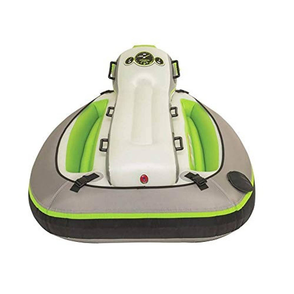 Rear view of a 2-rider towable tube with white seat base, neon green side walls