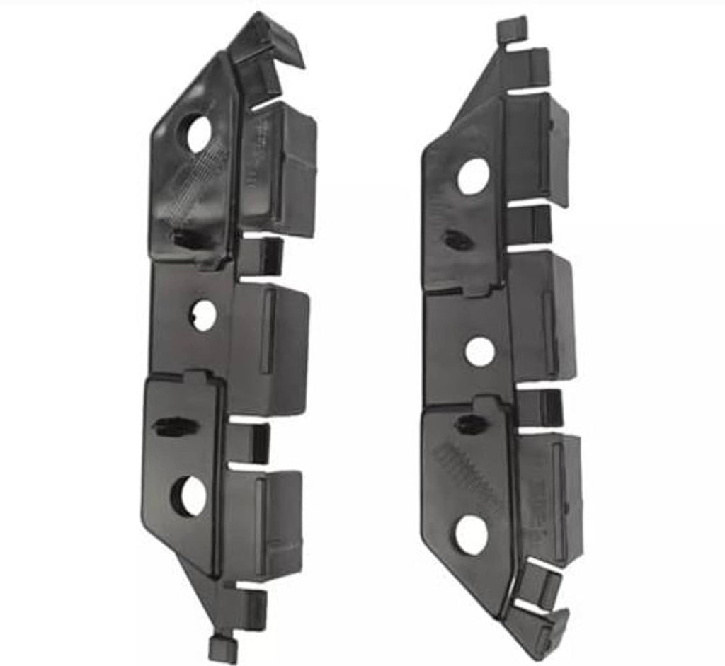 Front bumper retainer bracket supports with holes and tabs, black plastic pair